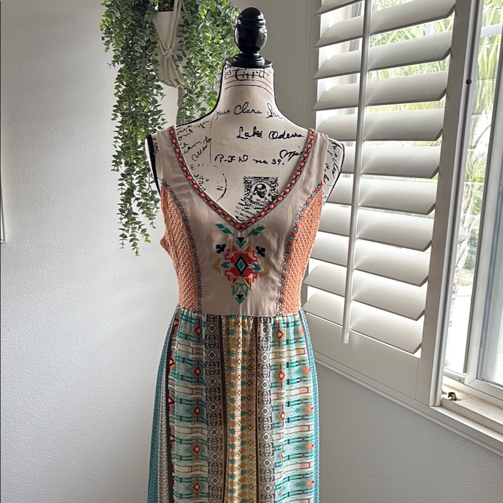 Flying Tomato Coral, Teal & Cream Embroidered Boho Maxi Dress